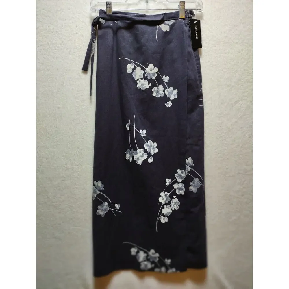 NYGARD Collection 4 Petite Maxi Lined Faux Wrap Skirt Navy And Light Blue Floral - Picture 9 of 11